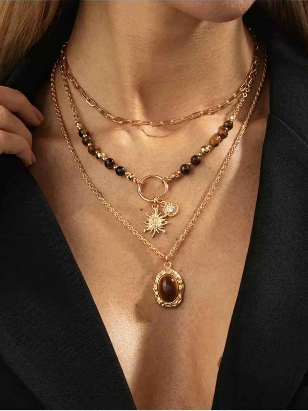 Gold Layered Sun & Brown Stone Pendant 3piece Necklace Set